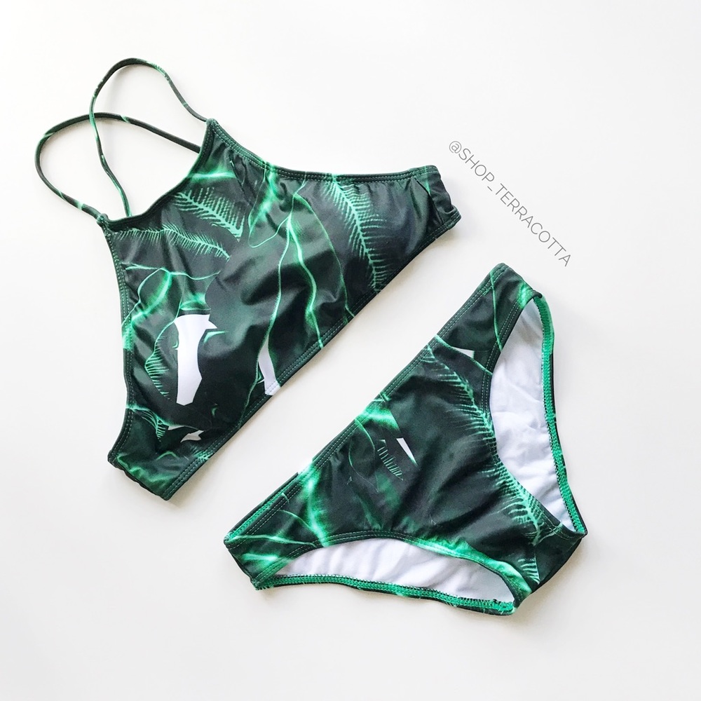 Banana / Palm Leaf Print High Neck Bikinis